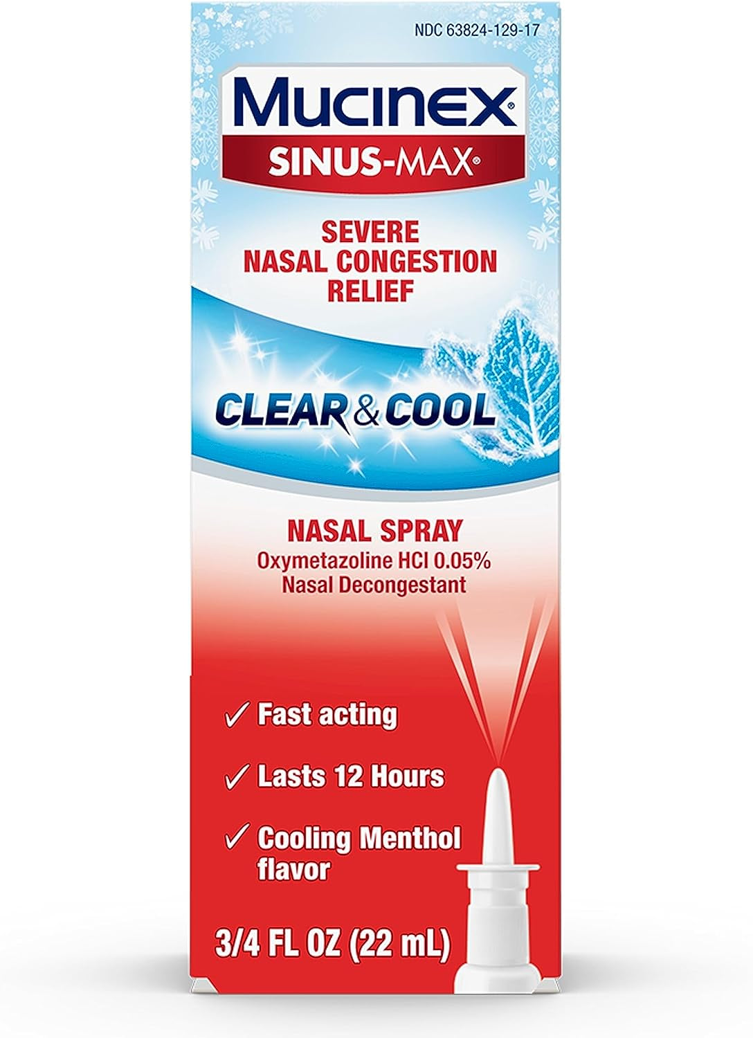 Mucinex Sinus-Max Severe Nasal Congestion Relief Clear & Cool Nasal Spray, 0.75 Fl. Oz., Lasts 12 Hours, Fast Acting, Cooling Menthol Flavor