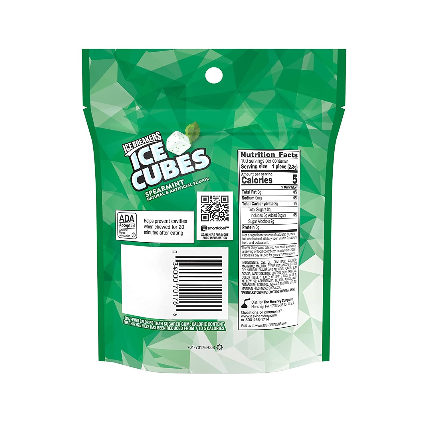 ICE BREAKERS Ice Cubes Spearmint Sugar Free Chewing Gum Pouch, 8.11 Oz (100 Pieces)