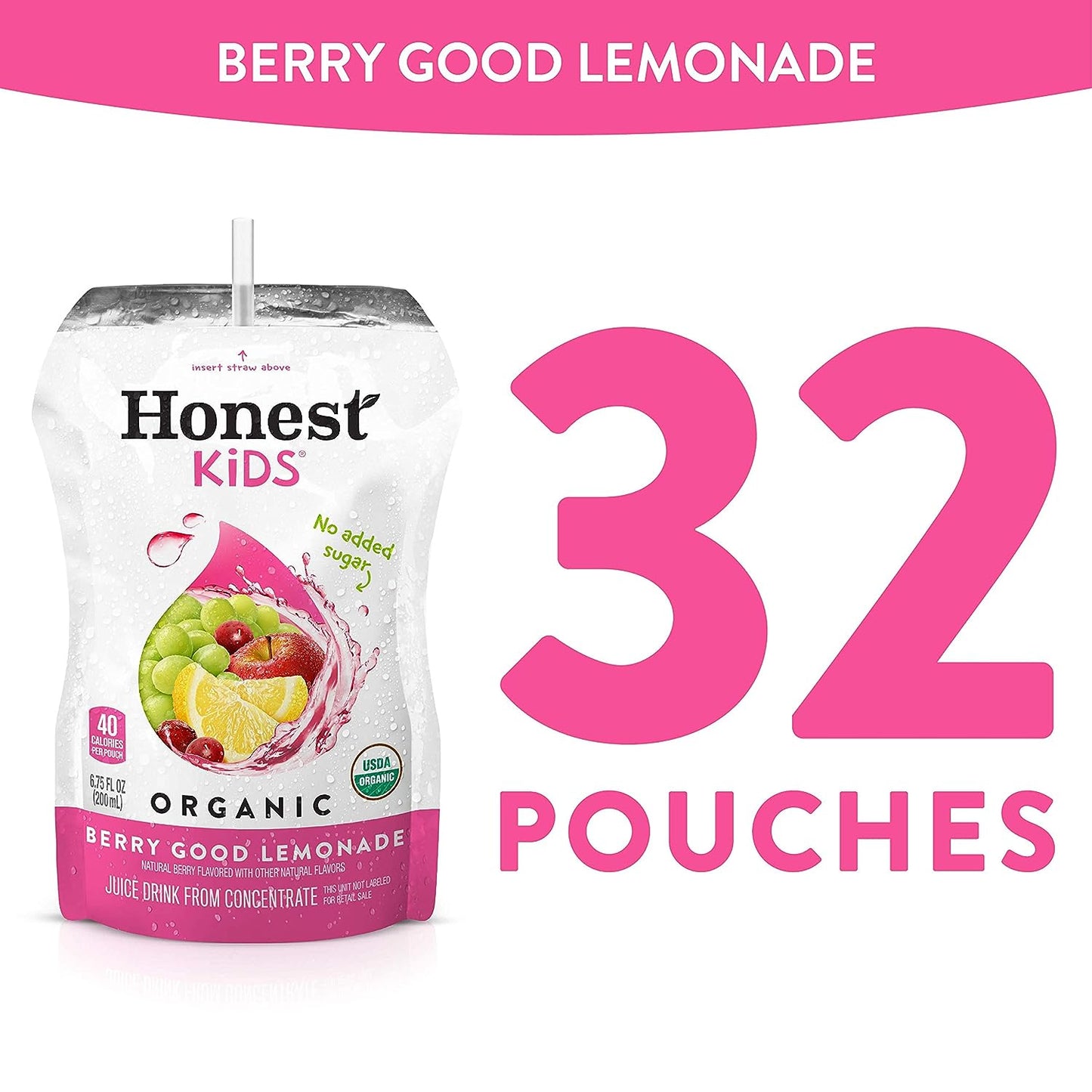 Honest Kids Berry Berry Good Lemonade Organic Fruit Juice Drink, 6.75 Fl Oz, 32 Pack