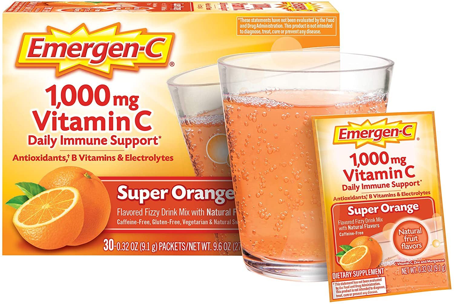 Emergen-C (1 Count, Super Orange Flavor) Dietary Supplement Fizzy Drink Mix with 1000Mg Vitamin C, 0.32 Ounce Packets, Caffeine Free