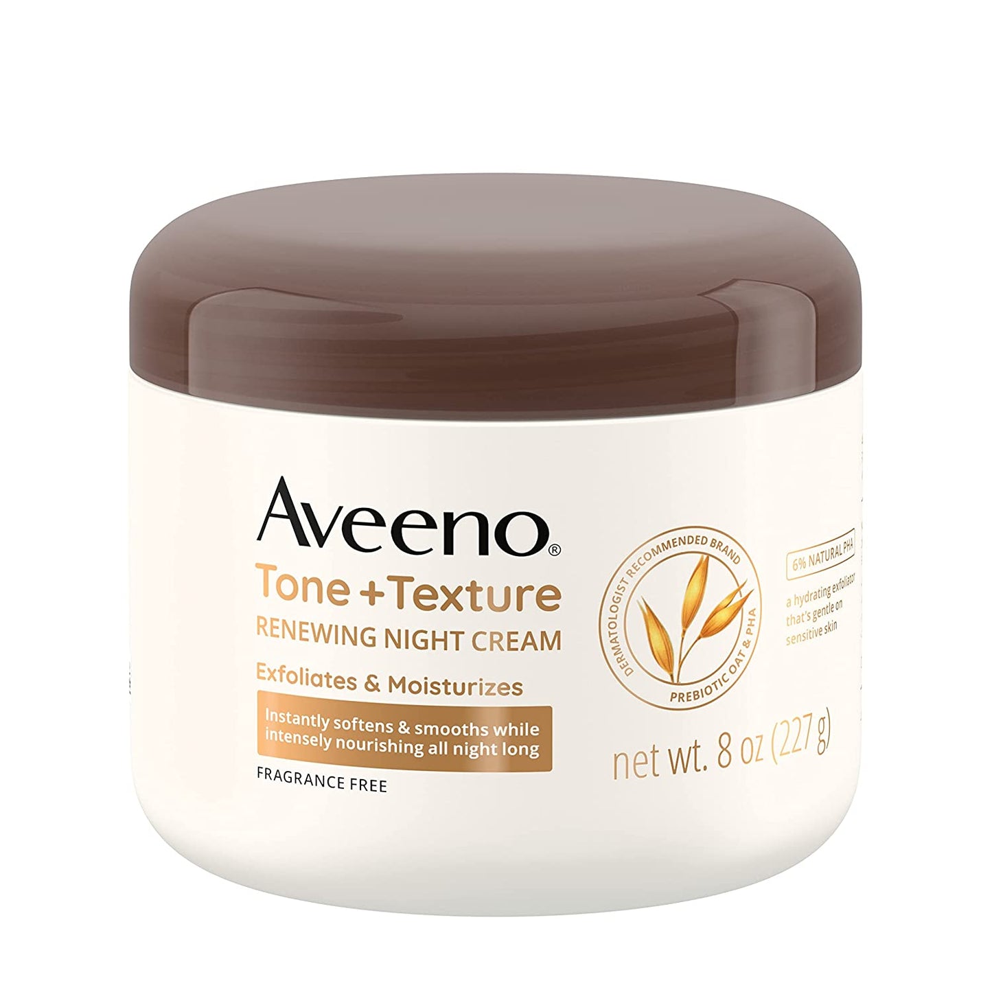 Aveeno Tone + Texture Renewing Night Cream with Prebiotic Oat, Gentle Cream Exfoliates & Moisturizes Sensitive Skin, Instantly Softens & Smooths & Intensely Nourishes, Fragrance-Free, 8 Oz