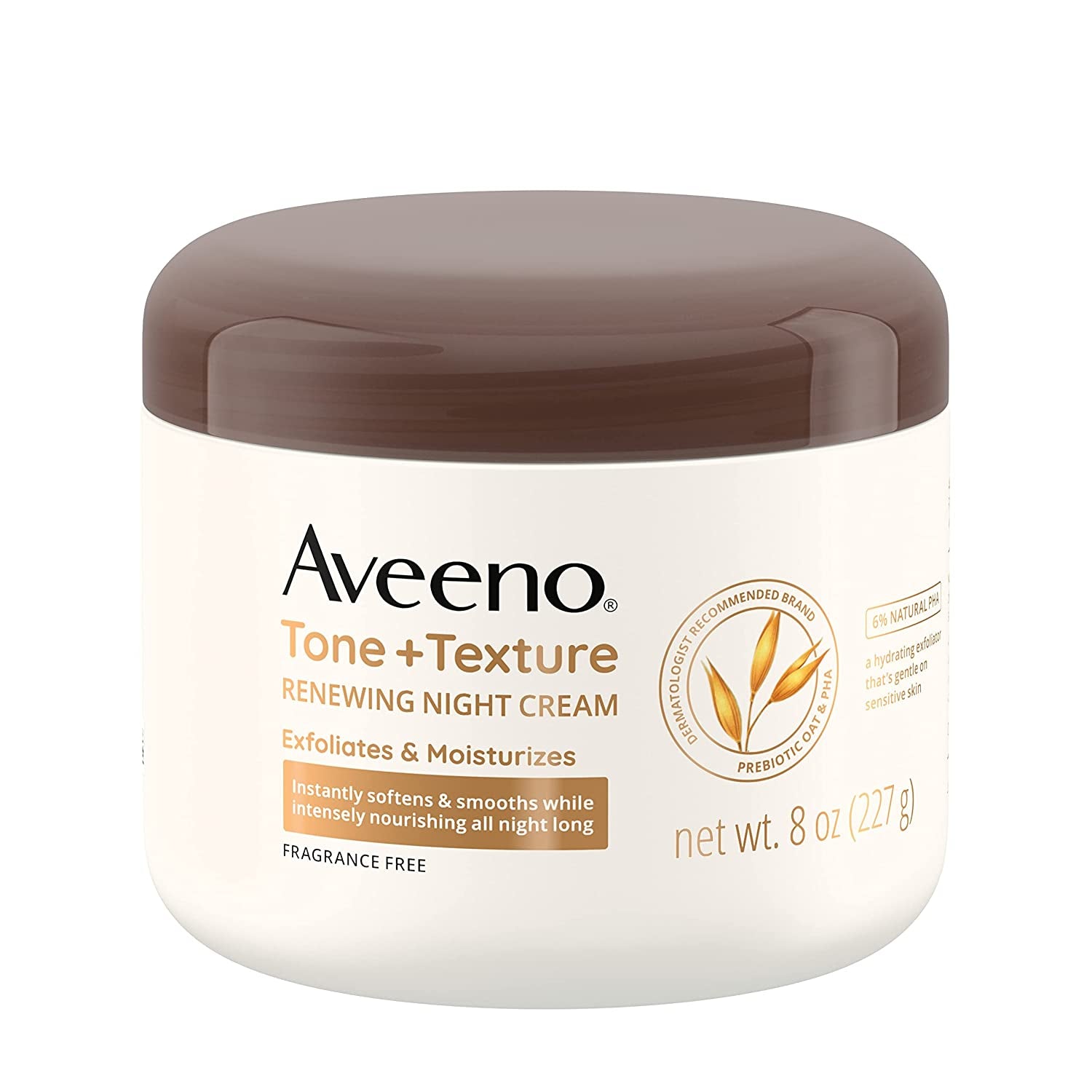 Aveeno Tone + Texture Renewing Night Cream with Prebiotic Oat, Gentle Cream Exfoliates & Moisturizes Sensitive Skin, Instantly Softens & Smooths & Intensely Nourishes, Fragrance-Free, 8 Oz