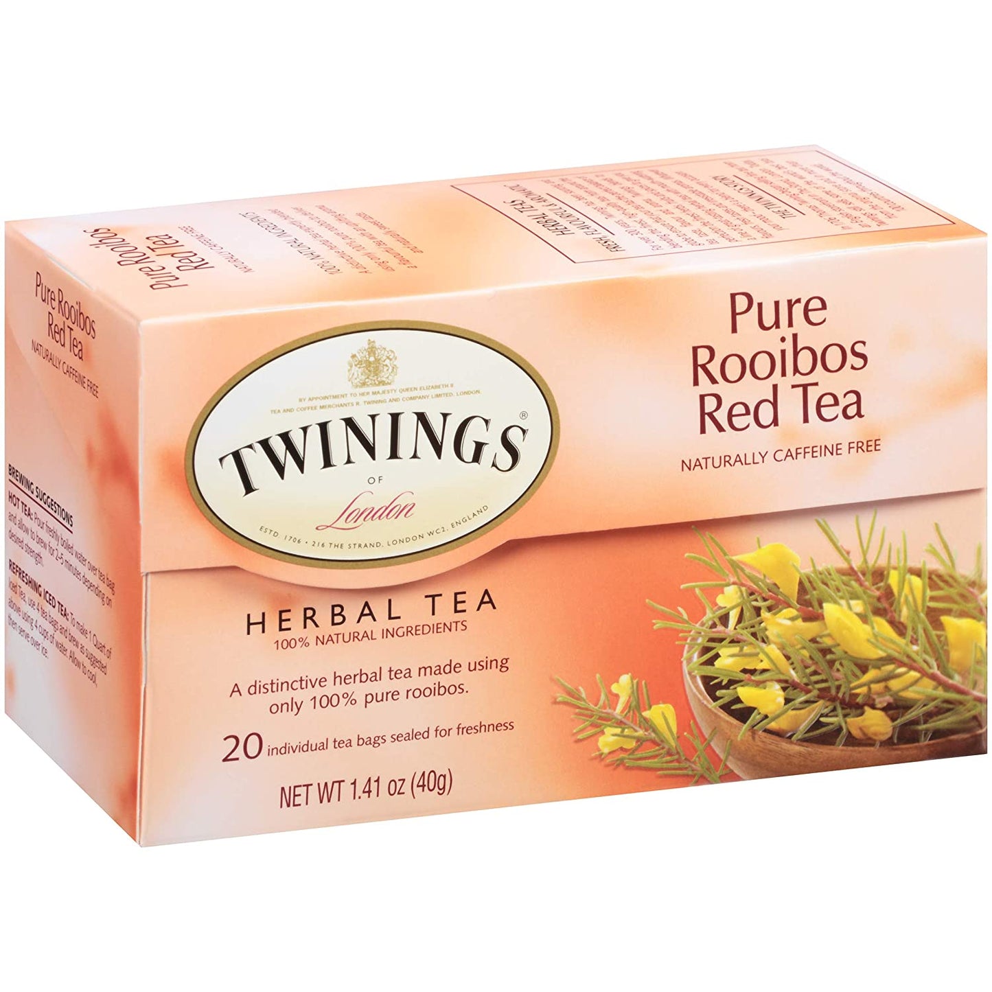 Twinings Pure Rooibos Red Herbal Tea, 20 Count Pack of 6, Sweet with Uplifting Aroma, Naturally Caffeine Free