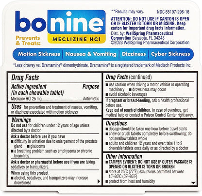 Non-Drowsy Bonine for Motion Sickness Relief, Sea Sickness, Car Sickness, Nausea and Vomiting, with Meclizine Hcl 25Mg, Raspberry, Travel-Sized 16Ct (Packaging May Vary)