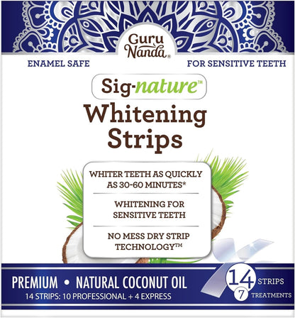 Gurunanda Teeth Whitening Strips with Coconut Oil - 14 Enamel Safe Strips for Sensitive Teeth - Non-Slip, Dry Strip Technology for Whiter Teeth - 7 Professional Treatments with 30 Minutes Fast Results