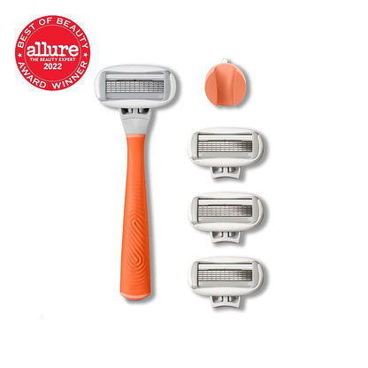 Flamingo 5-Blade Razors for Women - 1 Razor Handle + 4 5-Blade Refills + 1 Shower Holder - Papaya