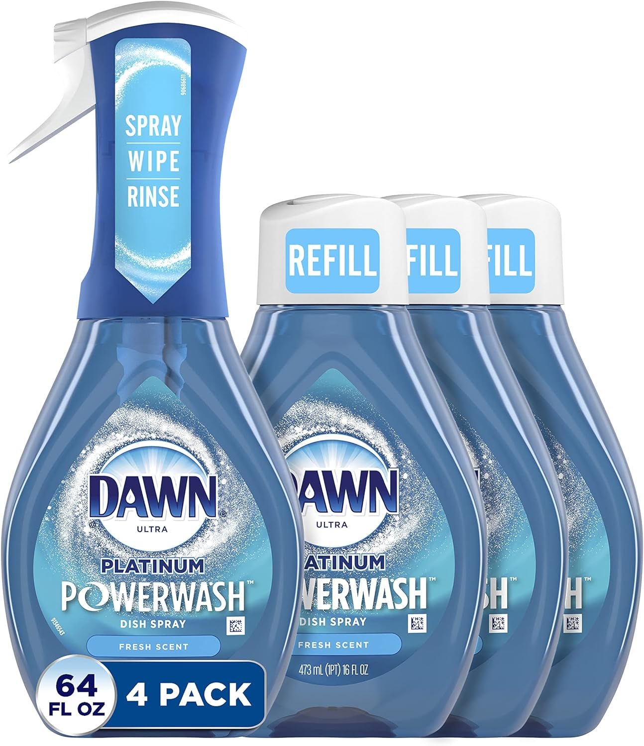 Dawn Platinum Powerwash Dish Spray, Dish Soap, Fresh Scent Bundle, 1 Spray (16Oz) + 3 Refills (16Oz Each)(Pack of 4)