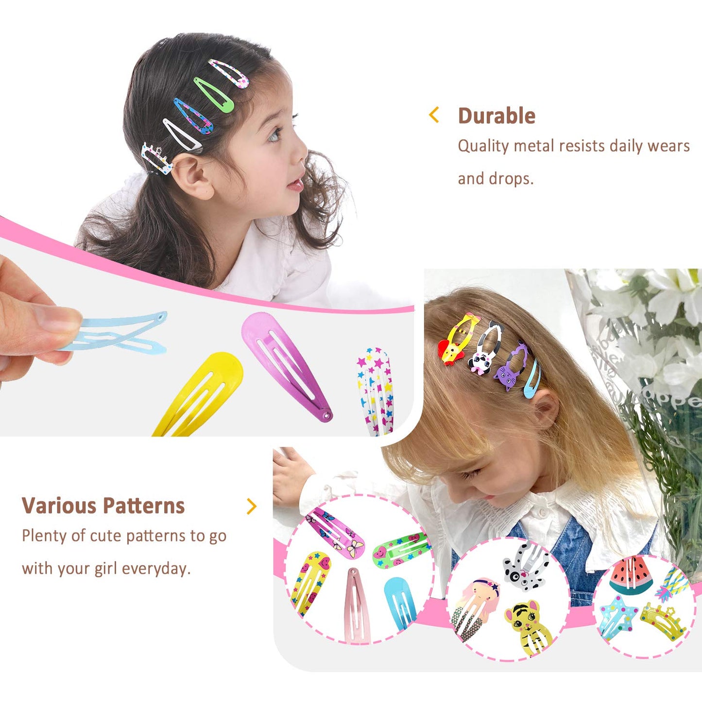 Funtopia Hair Clips for Girls,100 Pcs No Slip Metal Snap, Barrettes for Kids Teens Women, Cute Candy Color Cartoon Design Hair Pins (Animals Fruits Crowns Stars)