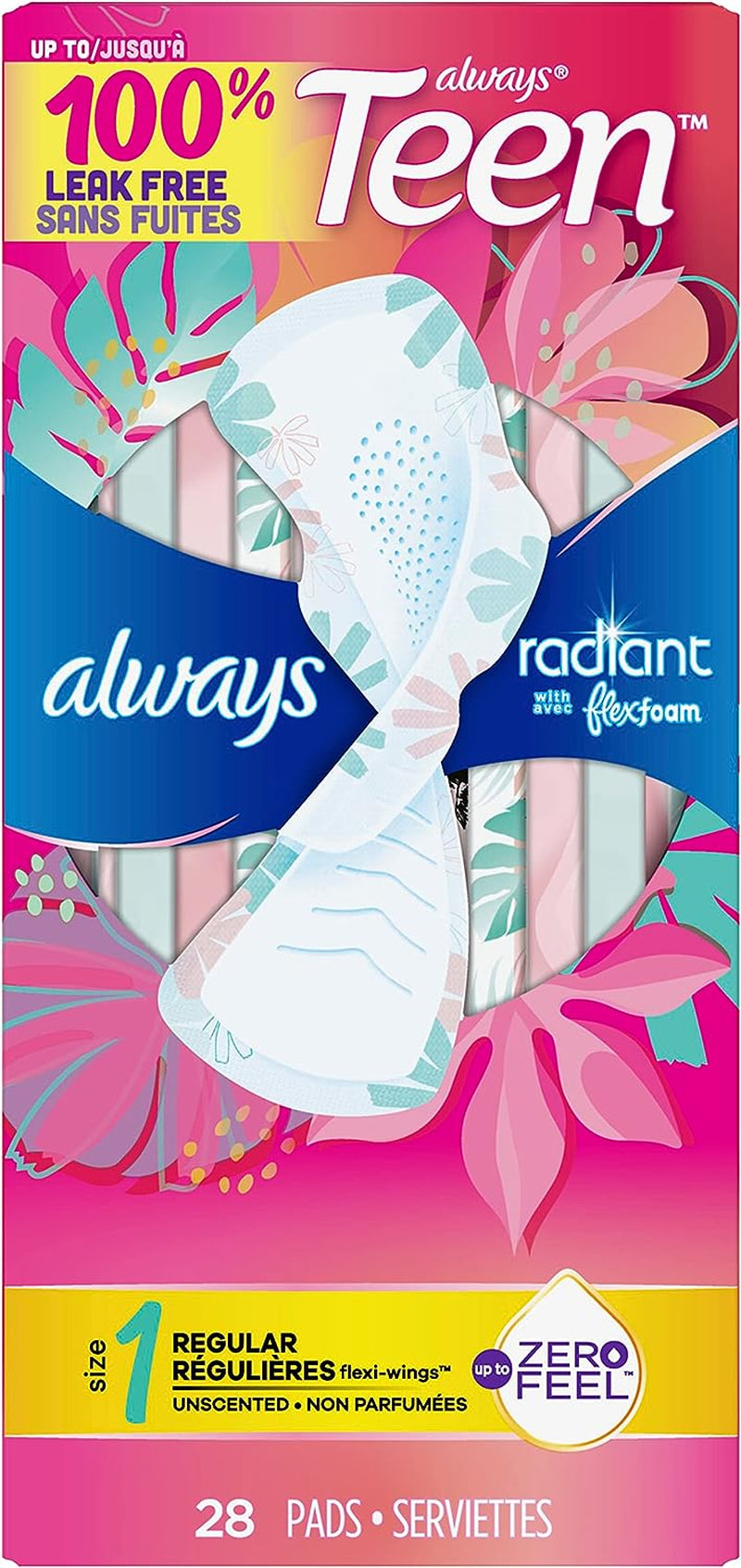 Always Radiant Flexfoam Teen Pads Regular Absorbency, 100% Leak Free Protection Is Possible, with Wings, Unscented, 28 Count