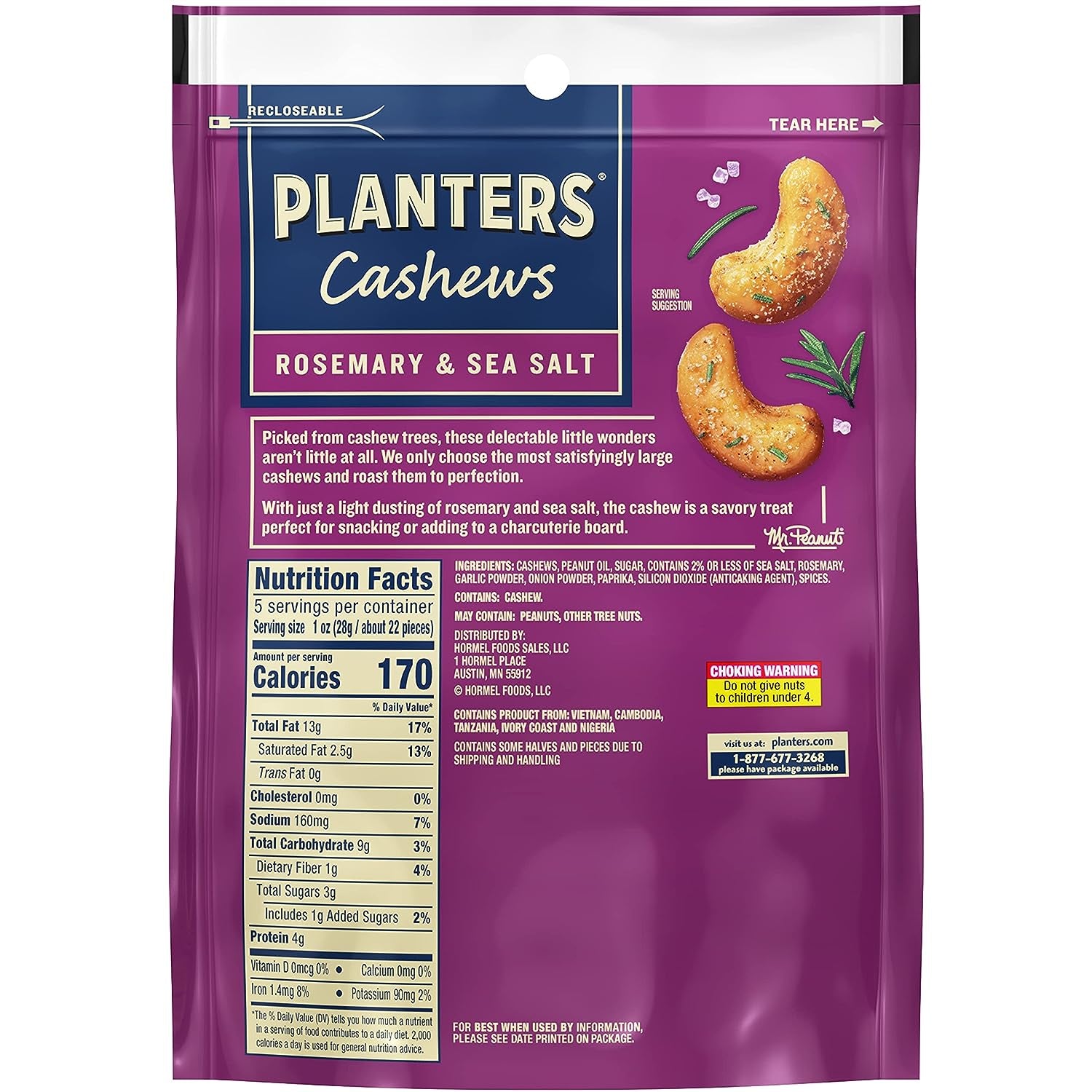 PLANTERS Cashews Rosemary & Sea Salt, Party Snacks, 5 Oz Bag