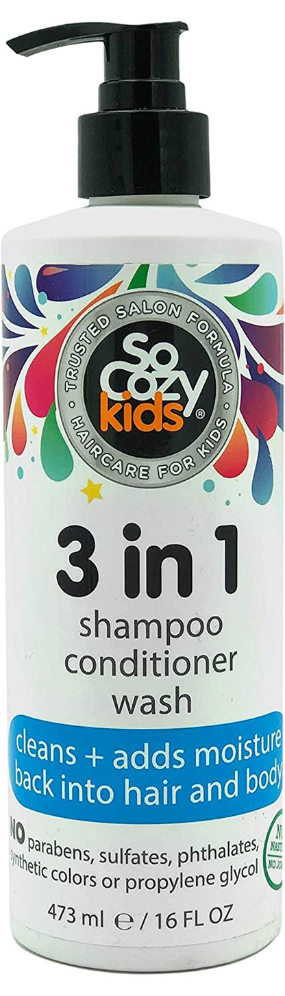 Socozy 3In1 Shampoo + Conditioner + Body Wash for Kids Hair Cleans and Adds Moisture Back, Kiwi, 16 Fl Oz