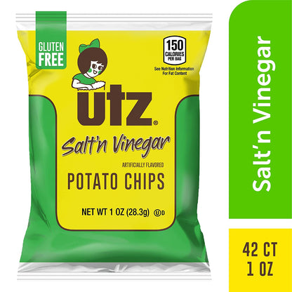 Utz Salt & Vinegar 1 Oz. Bags, 42 Count Crispy Fresh Potato Chips, Crunchy Individual Snacks to Go, Cholesterol, Trans-Fat & Gluten Free