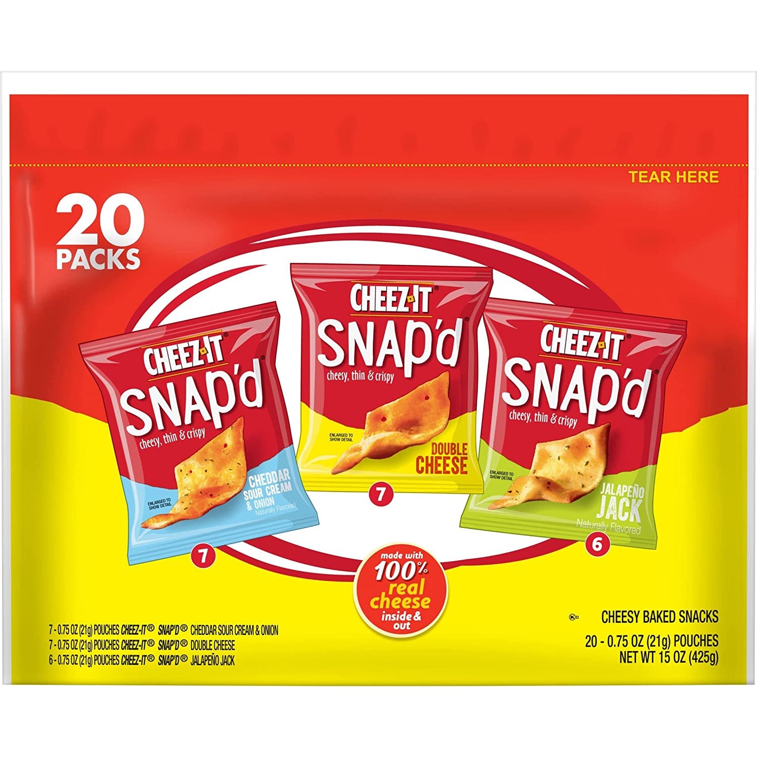 Cheez-It Snap'D Cheese Cracker Chips, Thin Crisps, Lunch Snacks, Variety Pack, 15Oz Bag (20 Packs)