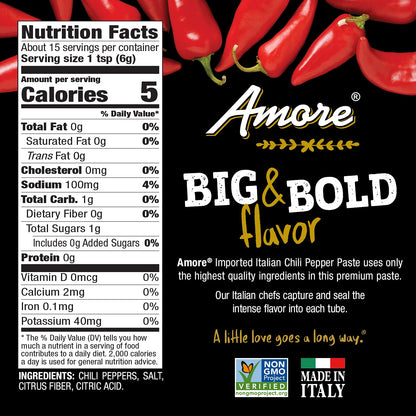 Amore Vegan Chili Pepper Paste in a Tube - Non GMO Certified and Made in Italy (Pack of 1)