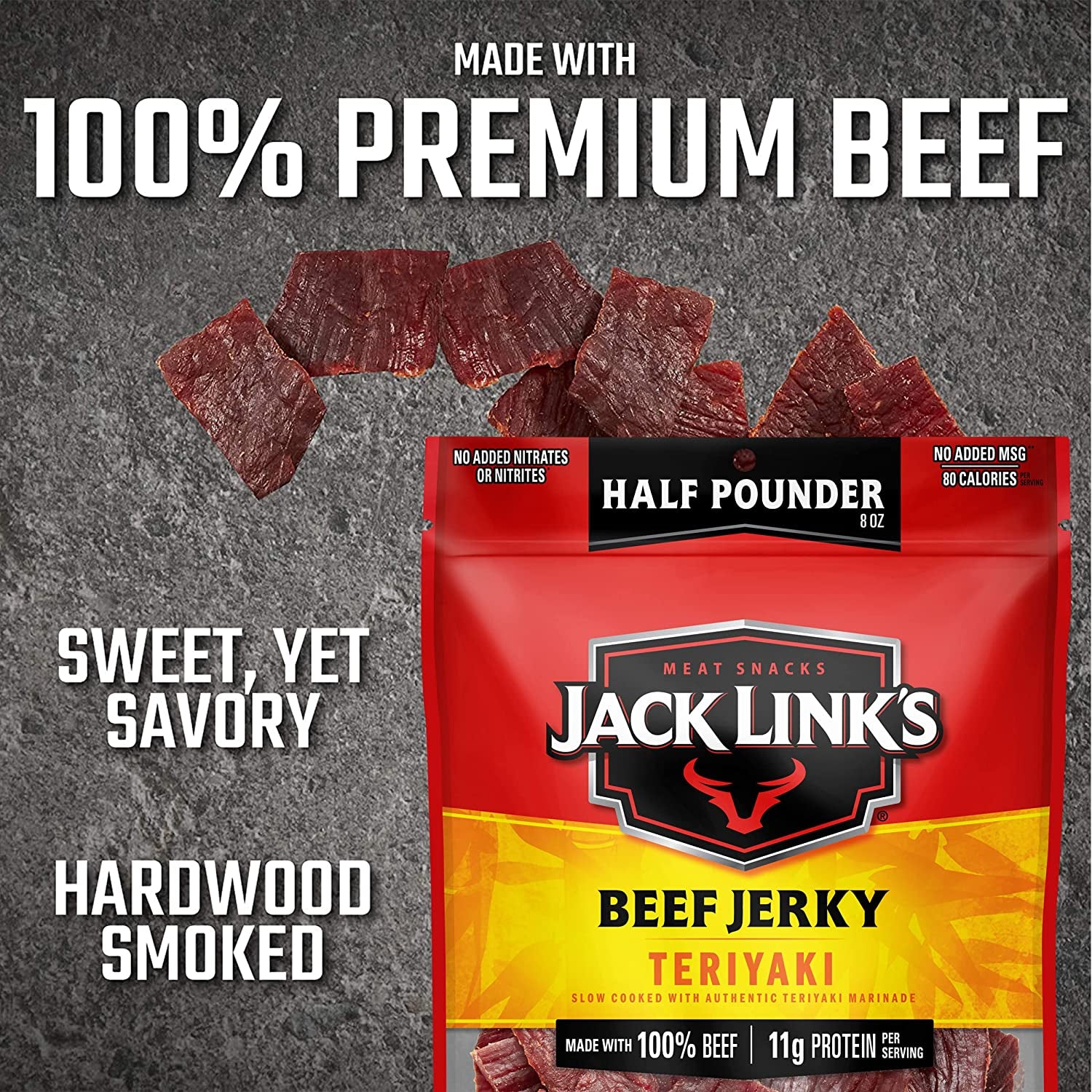 Jack Link'S Beef Jerky, Teriyaki, ½ Pounder Bag - Flavorful Meat Snack, 11G of Protein and 80 Calories, Made with Premium Beef - 96 Percent Fat Free, No Added MSG** or Nitrates/Nitrites