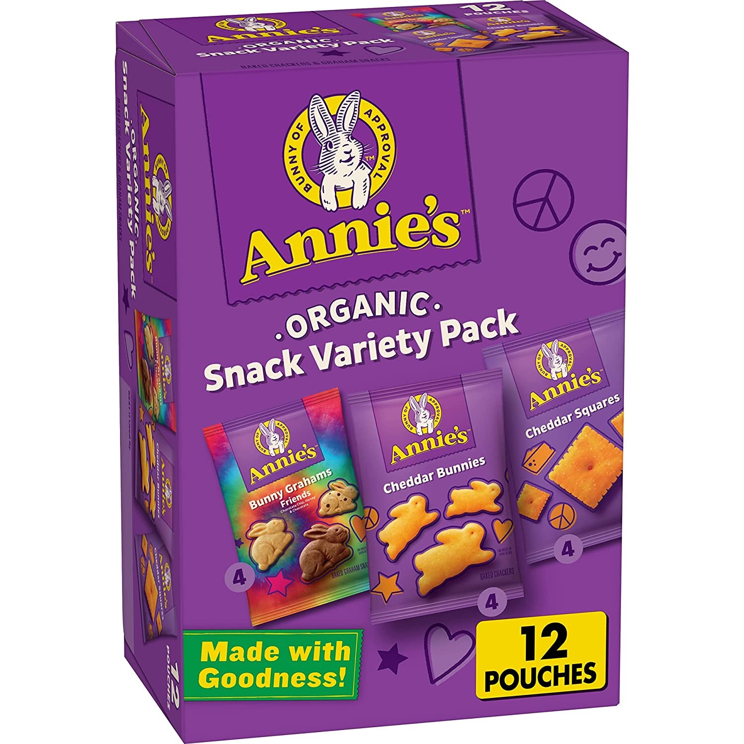 Annie'S Organic Variety Pack, Cheddar Bunnies, Bunny Grahams & Cheddar Squares, 12 Pouches