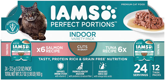 (12 Pack - 24 Servings) IAMS PERFECT PORTIONS Adult Indoor Cat Grain Free Wet Cat Food Cuts in Gravy Tuna Recipe, Salmon Recipe Variety Pack, 2.6 Oz. Easy Peel Twin-Pack Trays