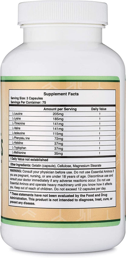 Essential Amino Acids - 1 Gram per Serving Powder Blend of All 9 Essential Aminos (EAA) and All Branched-Chain Aminos (Bcaas) (Leucine, Isoleucine, Valine) 225 Capsules by Double Wood Supplements