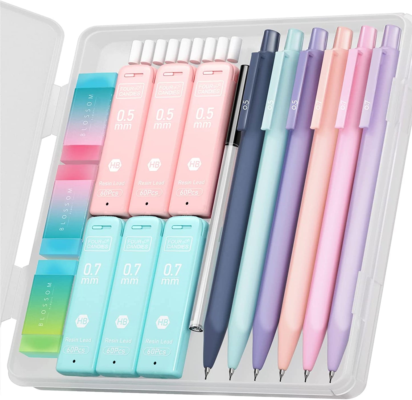 Four Candies Cute Mechanical Pencil Set, 6PCS Pastel Pencils 0.5Mm & 0.7Mm with 360PCS HB Pencil Leads, 3PCS Erasers and 9PCS Eraser Refills, Aesthetic Mechanical Pencils for Girls Writing