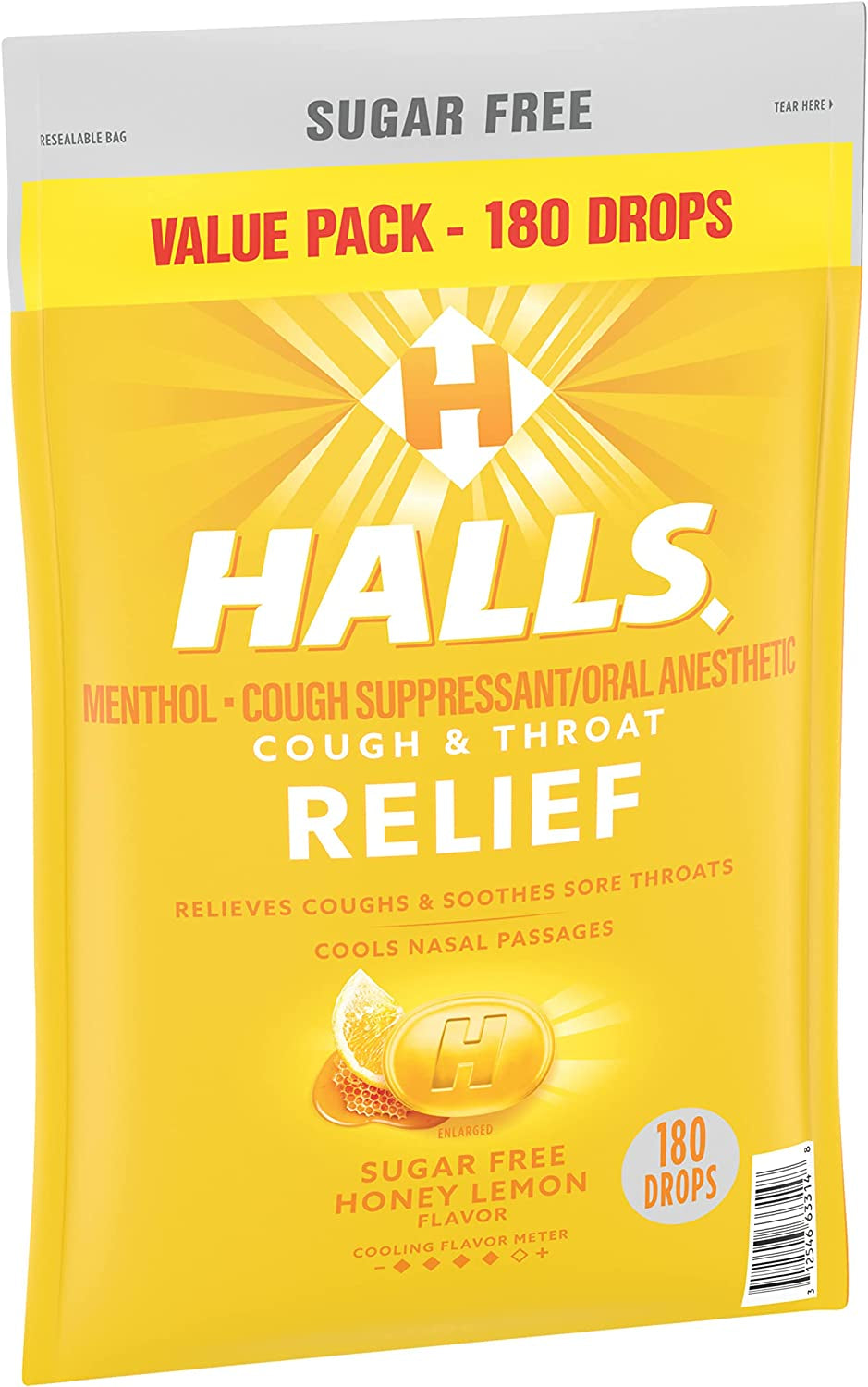 HALLS Relief Honey Lemon Sugar Free Cough Drops, Value Pack, 180 Drops