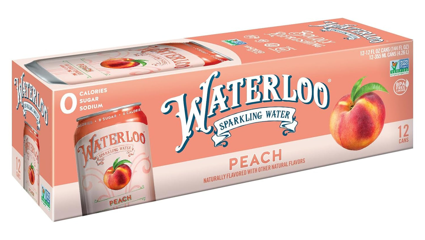 Waterloo Sparkling Water, Peach Naturally Flavored, 12 Fl Oz Cans, Pack of 12 | Zero Calories | Zero Sugar or Artificial Sweeteners | Zero Sodium