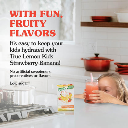 TRUE LEMON KIDS Strawberry Banana (10 Packets) - Hydration for Kids - No Preservatives, No Artificial Flavors, No Artificial Sweeteners - Low Sugar Water Flavoring - Drink Mix for Kids - Kids Juice Powdered Drink Mix