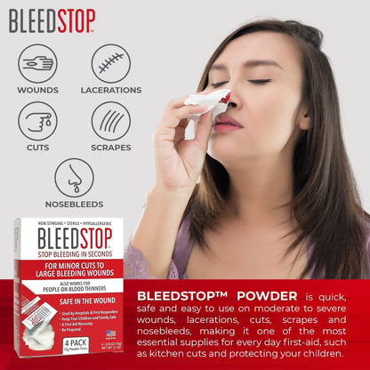 Bleedstop™ First Aid Powder for Blood Clotting, Trauma Kit, Blood Thinner Patients, Camping Safety, and Survival Equipment for Moderate to Severe Bleeding Wounds or Nosebleeds - 4 (15G) Pouches