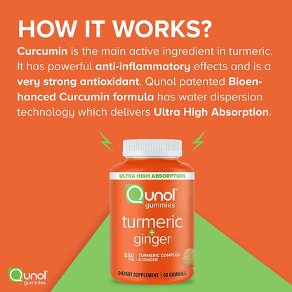 Turmeric and Ginger Gummies, Qunol Gummy with 500Mg Turmeric + 50Mg Ginger, Joint Support Supplement, Ultra High Absorption Tumeric and Ginger, Vegan, Gluten Free, 1 Month Supply 60Ct Gummies