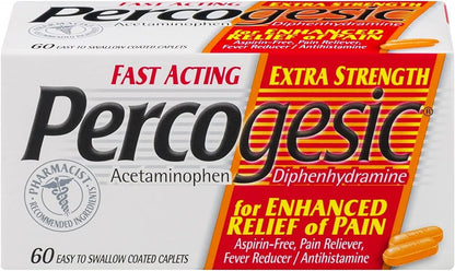 Percogesic Extra Strength Pain Reliever, Aspirin Free, Dual Action Relief, Fever Reducer, Antihistamine, 60 Safety Coated Tablets