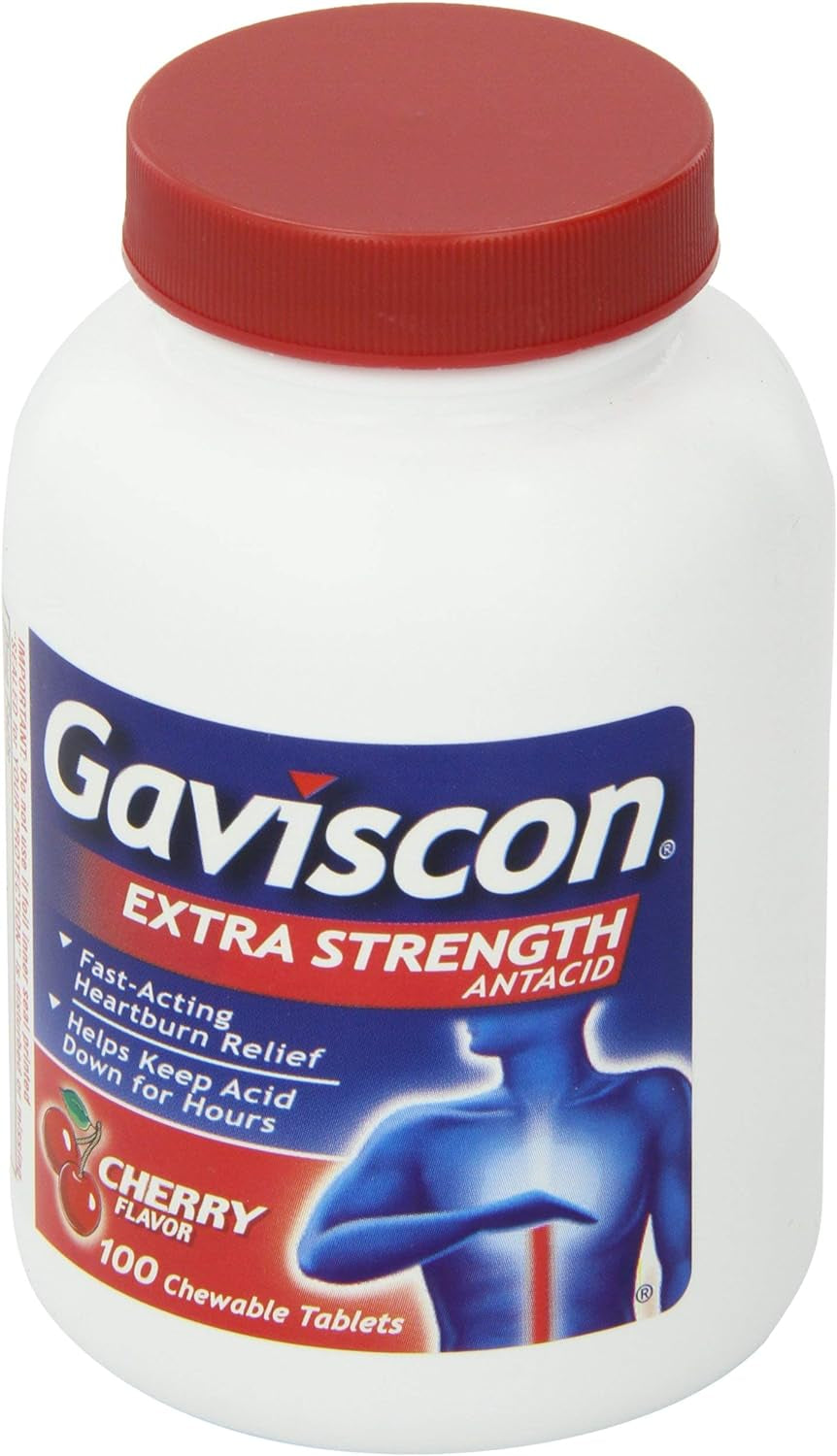 Gaviscon Extra Strength Cherry Chewable Tablet for Fast-Acting Heartburn Relief, 100 Count