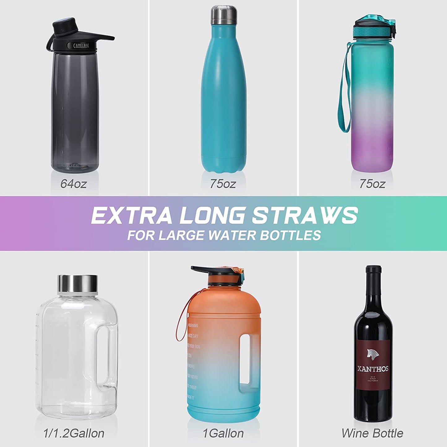 12 Pack, Extra Long 14.5 Inch Reusable Silicone Straws for Large Water Bottle -Wine Bottle - 1 Gallon 128 75 64 OZ Tumbler - Flexible Drinking Straws for Extra Tall Cups - 2 Cleaning Brushes