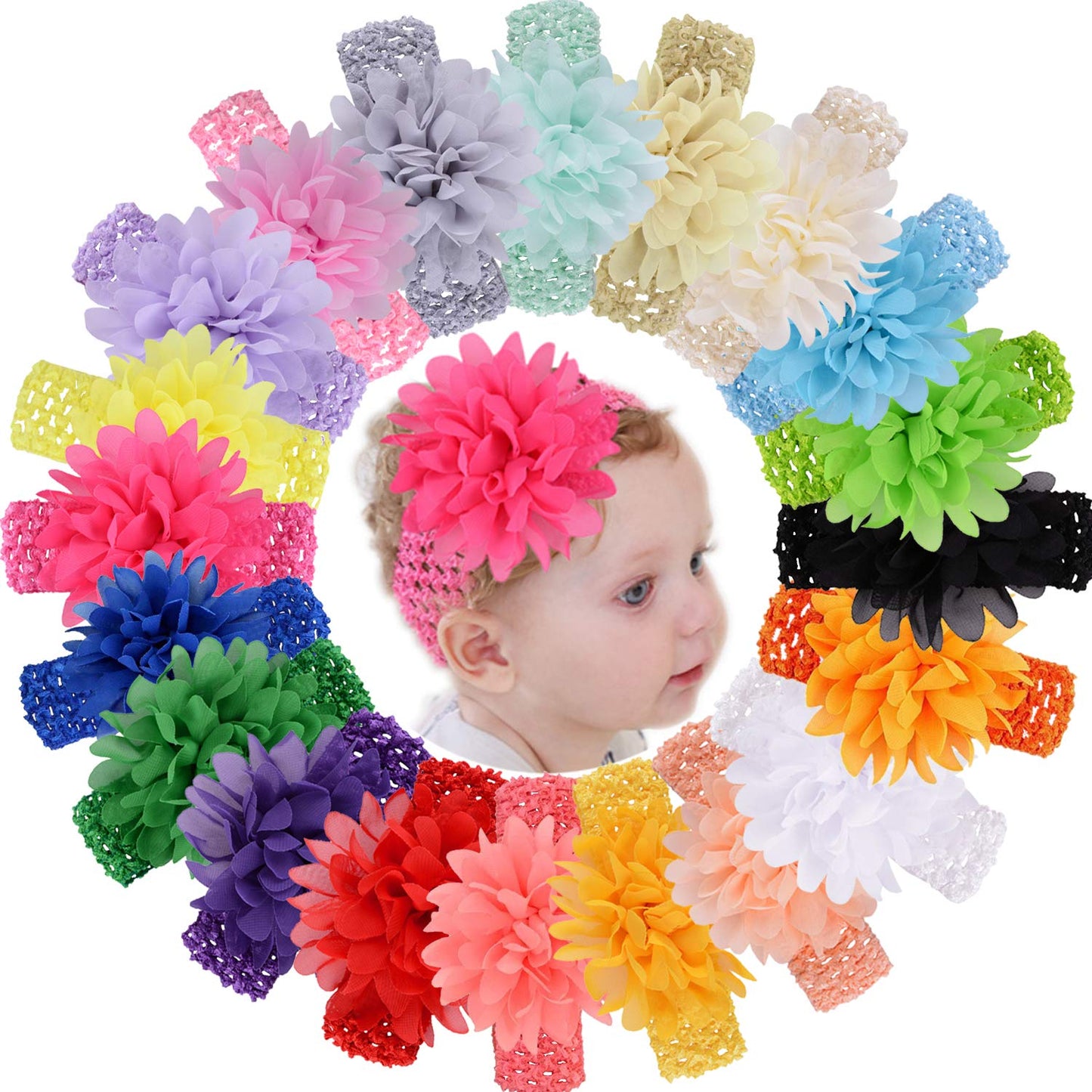 Willingtee 20Pcs Baby Girls Headbands Chiffon Flower Soft Stretchy Hair Band Hair Accessories for Baby Girls Newborns Infants Toddlers and Kids Multi-Colored