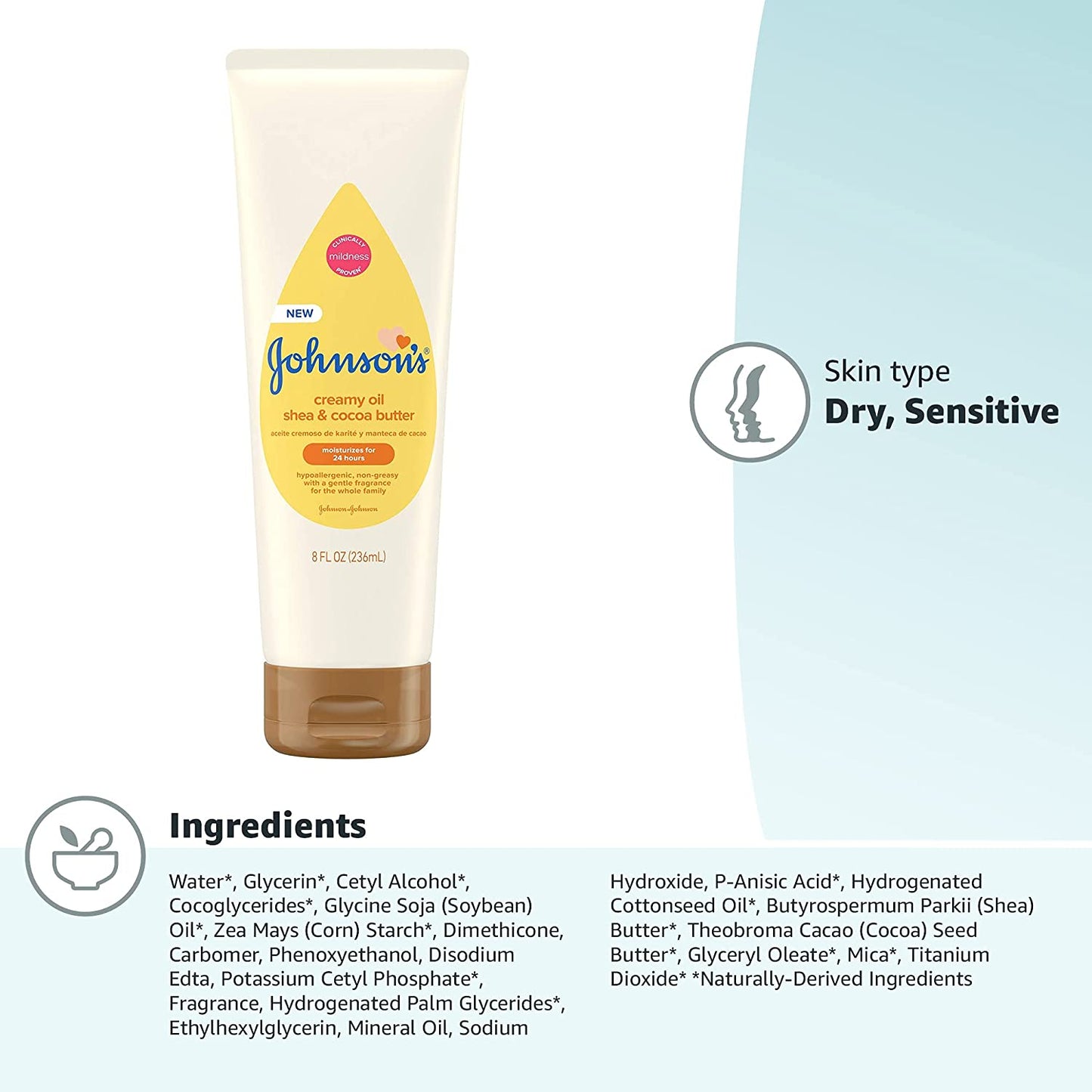 Johnson'S Baby Creamy Oil for Baby with Shea & Cocoa Butter, Moisturizing Body Lotion with Gentle Fragrance, Hypoallergenic, Non-Greasy, Paraben-Free, Phthalate-Free and Dye-Free, 8 Fl. Oz