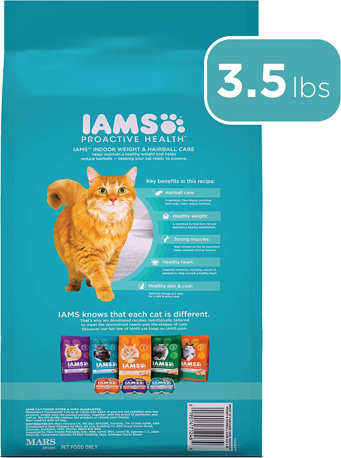 IAMS PROACTIVE HEALTH Adult Indoor Weight Control & Hairball Care Dry Cat Food with Chicken & Turkey Cat Kibble, 3.5 Lb. Bag