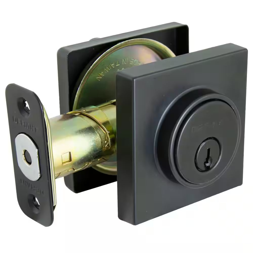 Square Matte Black Single Cylinder Contemporary Deadbolt