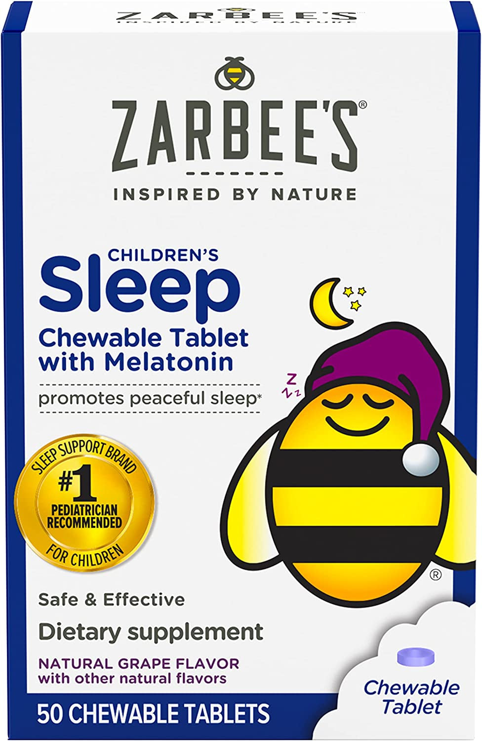 Zarbee'S Kids 1Mg Melatonin Chewable Tablet Drug-Free & Effective Sleep Supplement Easy to Take Natural Grape Flavor Tablets for Children Ages 3 and up 50 Count