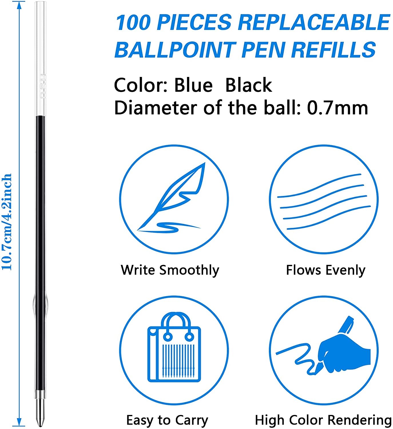 100 Pieces Ink Pen Refills Replaceable Ballpoint Pen Refills Black Ink Refills 0.7Mm Smooth Writing Pen Refills for Retractable Pens Office School Supplies (Black)