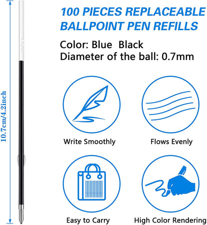 100 Pieces Ink Pen Refills Replaceable Ballpoint Pen Refills Black Ink Refills 0.7Mm Smooth Writing Pen Refills for Retractable Pens Office School Supplies (Black)