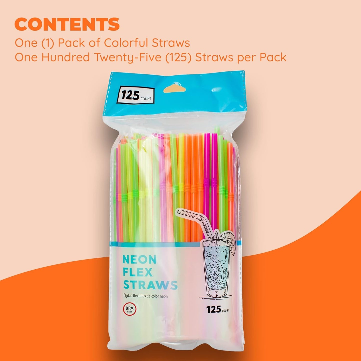 Jacent Flexible Disposable Drinking Straws, Bendable Plastic Neon Straws: 125 Count per Pack, Fun Bendy Kids Straws