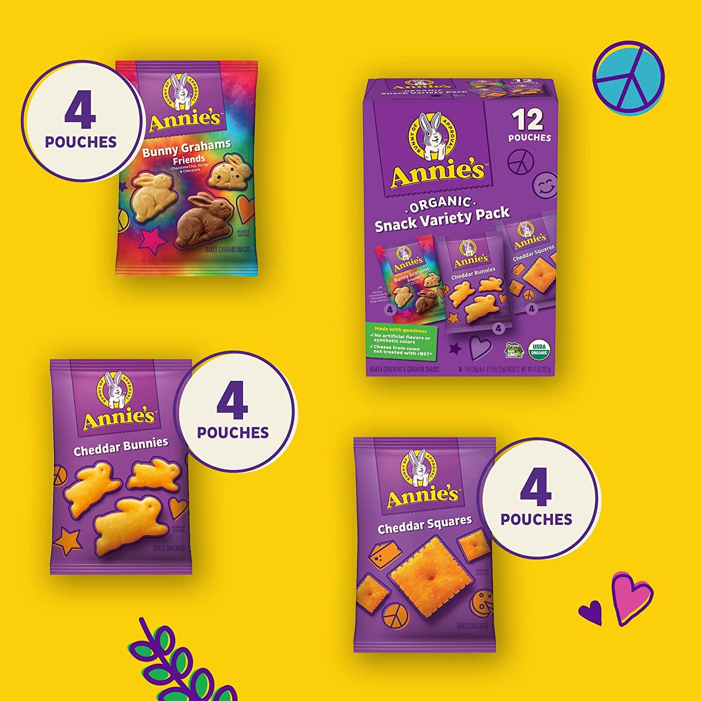 Annie'S Organic Variety Pack, Cheddar Bunnies, Bunny Grahams & Cheddar Squares, 12 Pouches