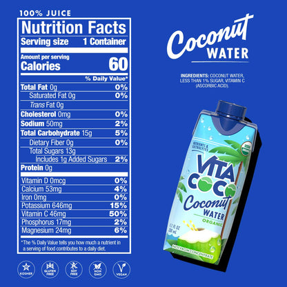 Vita Coco Coconut Water, Pure Organic | Refreshing Coconut Taste | Natural Electrolytes | Vital Nutrients | 11.1 Oz (Pack of 12)