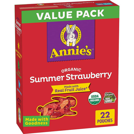 Annie'S Organic Bunny Fruit Flavored Snacks, Summer Strawberry, Gluten Free, Value Pack, 22 Pouches, 15.4 Oz.