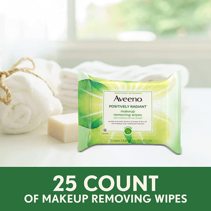 Aveeno Positively Radiant Oil-Free Makeup Removing Facial Cleansing Wipes to Help Even Skin Tone & Texture with Moisture-Rich Soy Extract, Gentle & Non-Comedogenic, 25 Ct.