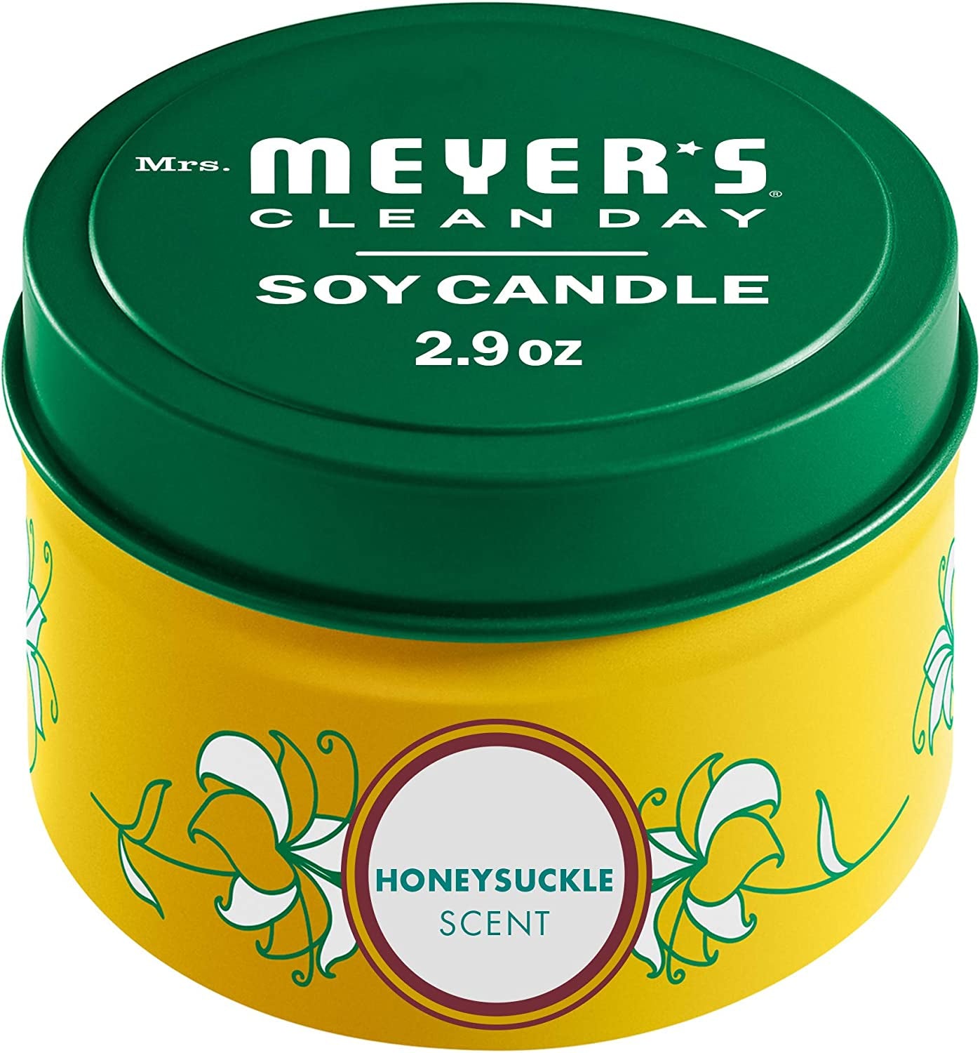 MRS. MEYER'S CLEAN DAY Soy Tin Candle, 12 Hour Burn Time, Made with Soy Wax and Essential Oils, Honeysuckle, 2.9 Oz