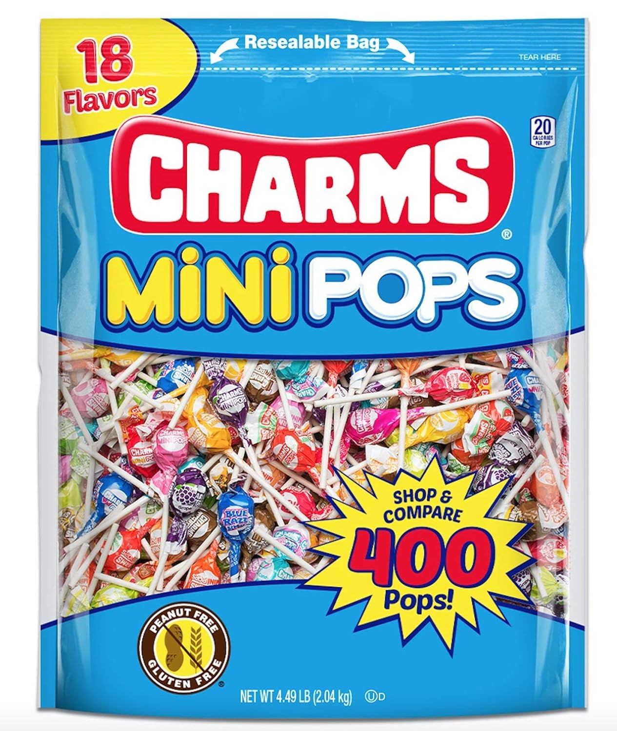 Tootsie Roll Charms Mini Pops - 4.5 Lb Holiday Size Bag of Individually Wrapped Fruity Hard Candy Lollipops in 18 Fun Flavors - Peanut and Gluten Free, 400 Count