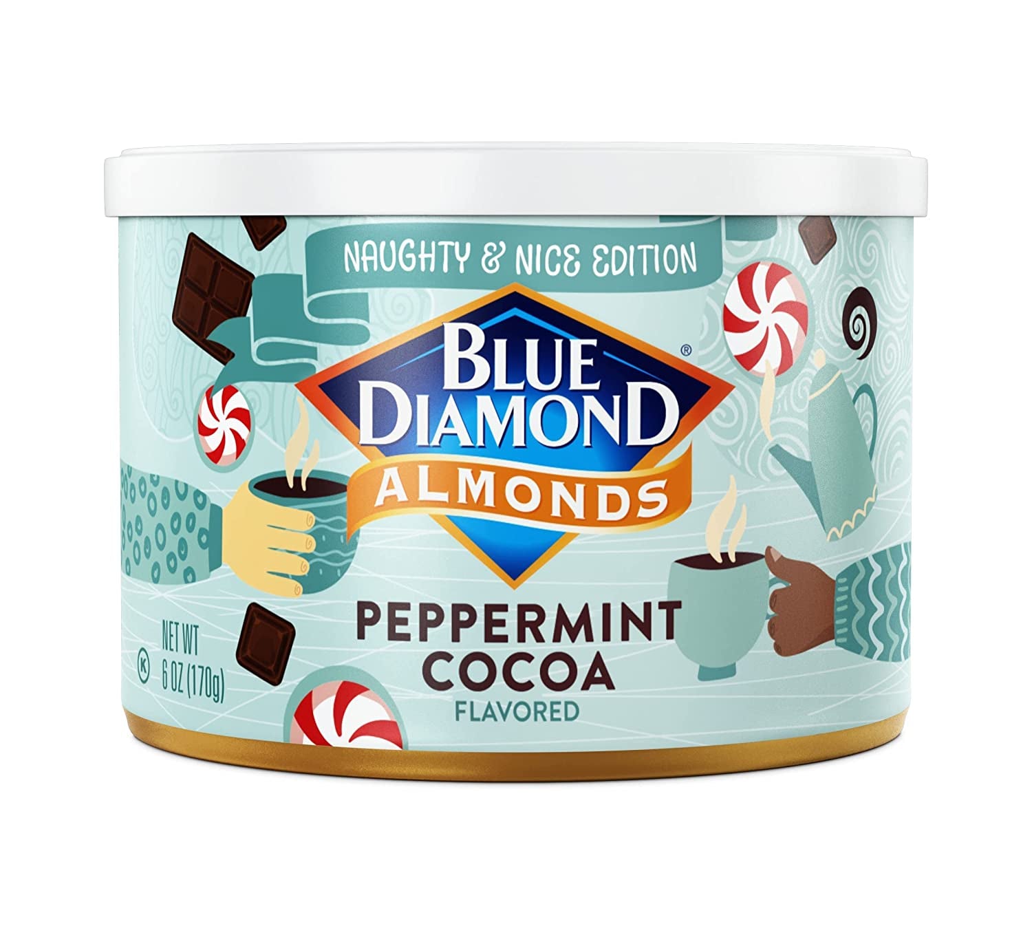 Blue Diamond Almonds, Peppermint Cocoa Holiday Snack Nuts, 6 Oz(Pack of 1),Resealable Can