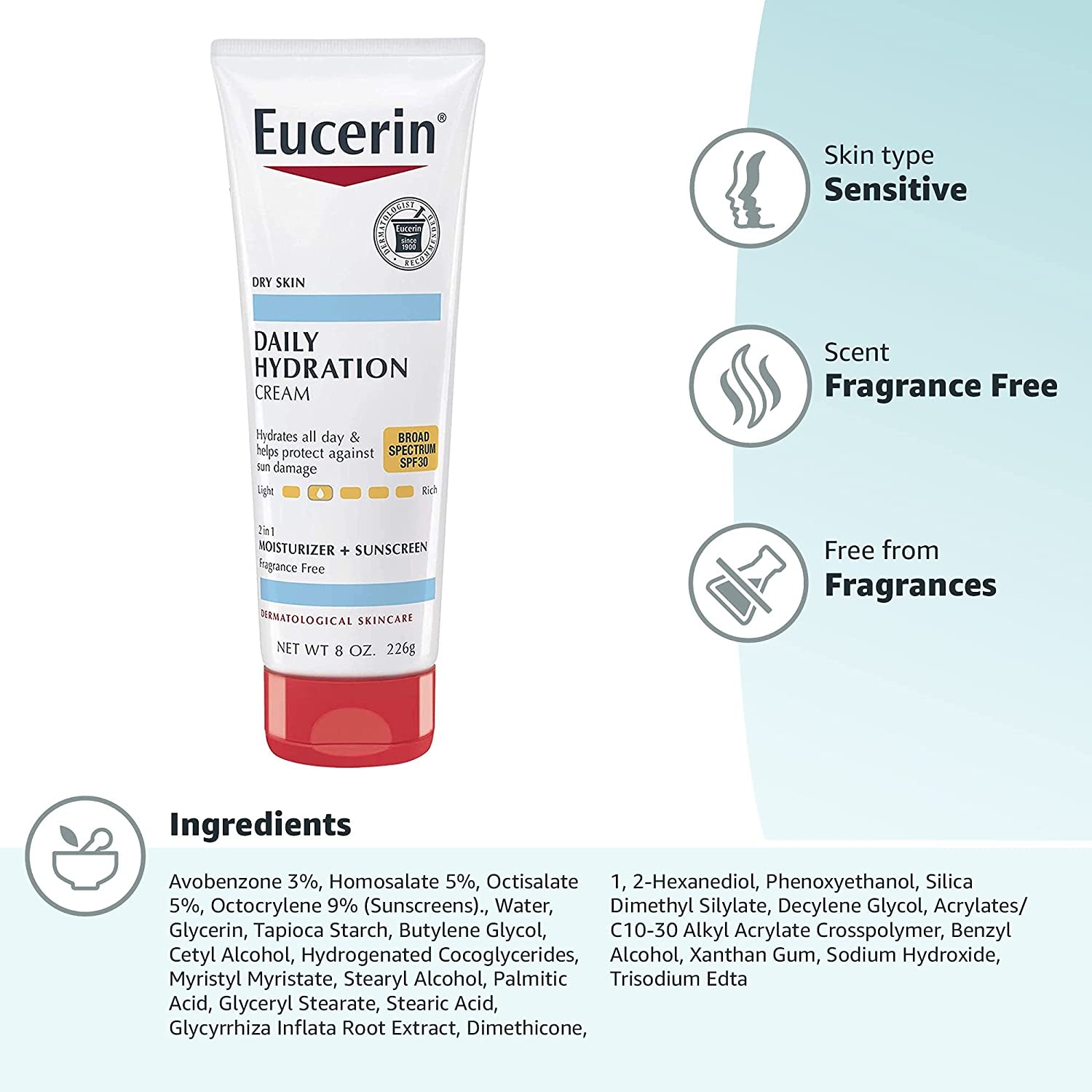 Eucerin Daily Hydration Broad Spectrum SPF 30 Sunscreen Body Cream for Dry Skin, 8 Oz Tube