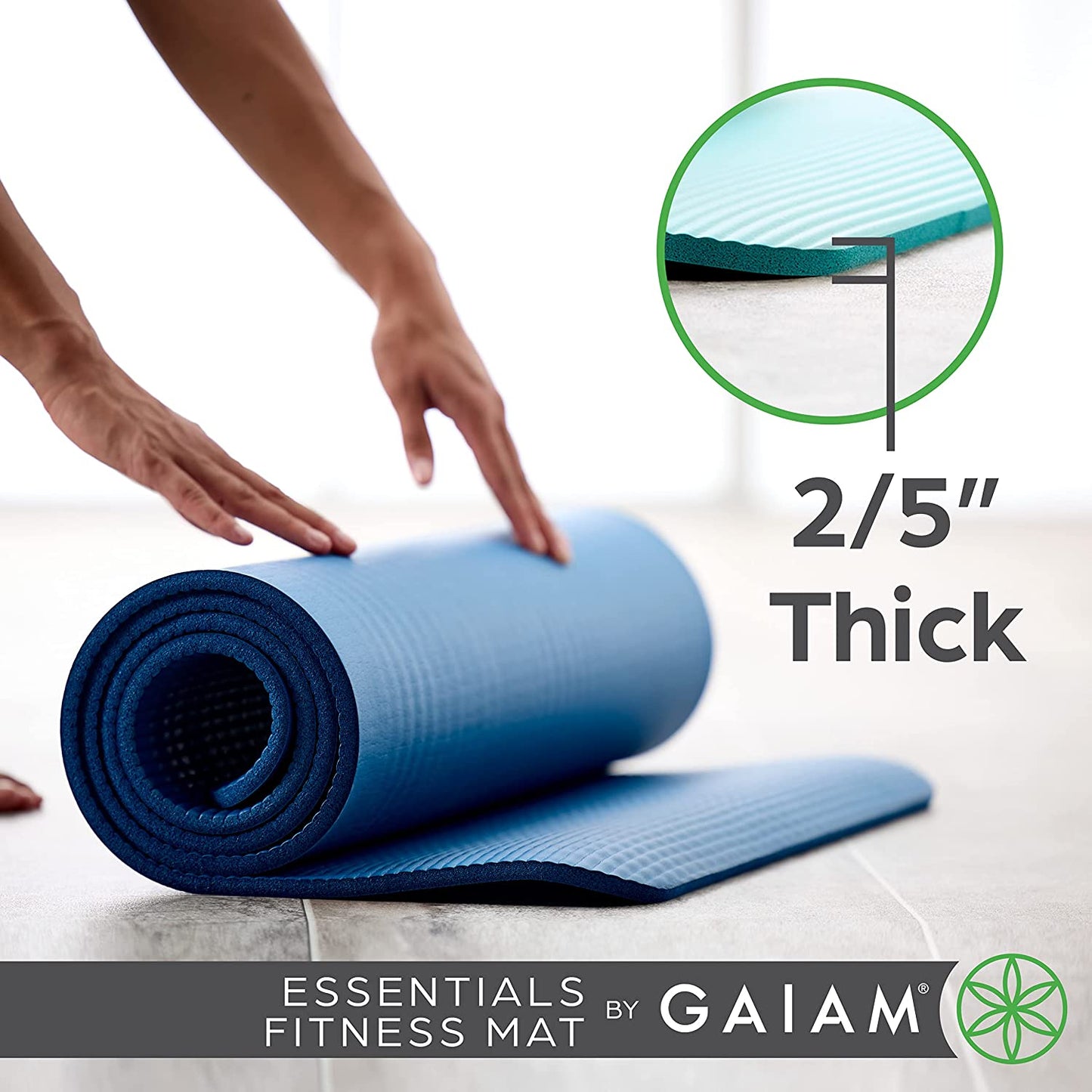 Gaiam Essentials Thick Yoga Mat Fitness & Exercise Mat with Easy-Cinch Yoga Mat Carrier Strap, 72"L X 24"W X 2/5 Inch Thick