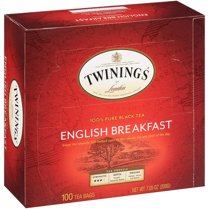 Twinings English Breakfast Black Tea, 100 Individually Wrapped Tea Bags, Smooth, Flavourful, Robust, Caffeinated