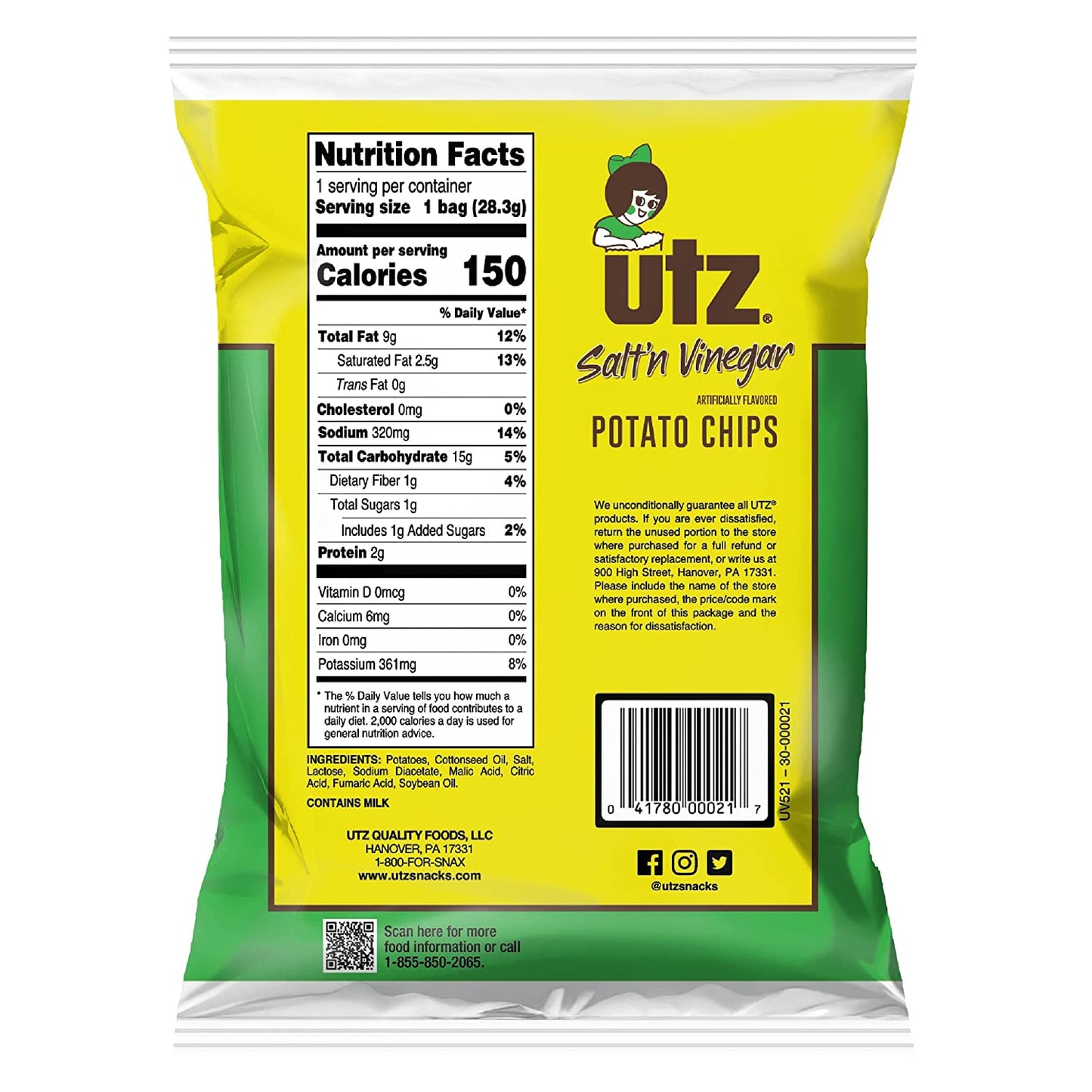 Utz Salt & Vinegar 1 Oz. Bags, 42 Count Crispy Fresh Potato Chips, Crunchy Individual Snacks to Go, Cholesterol, Trans-Fat & Gluten Free